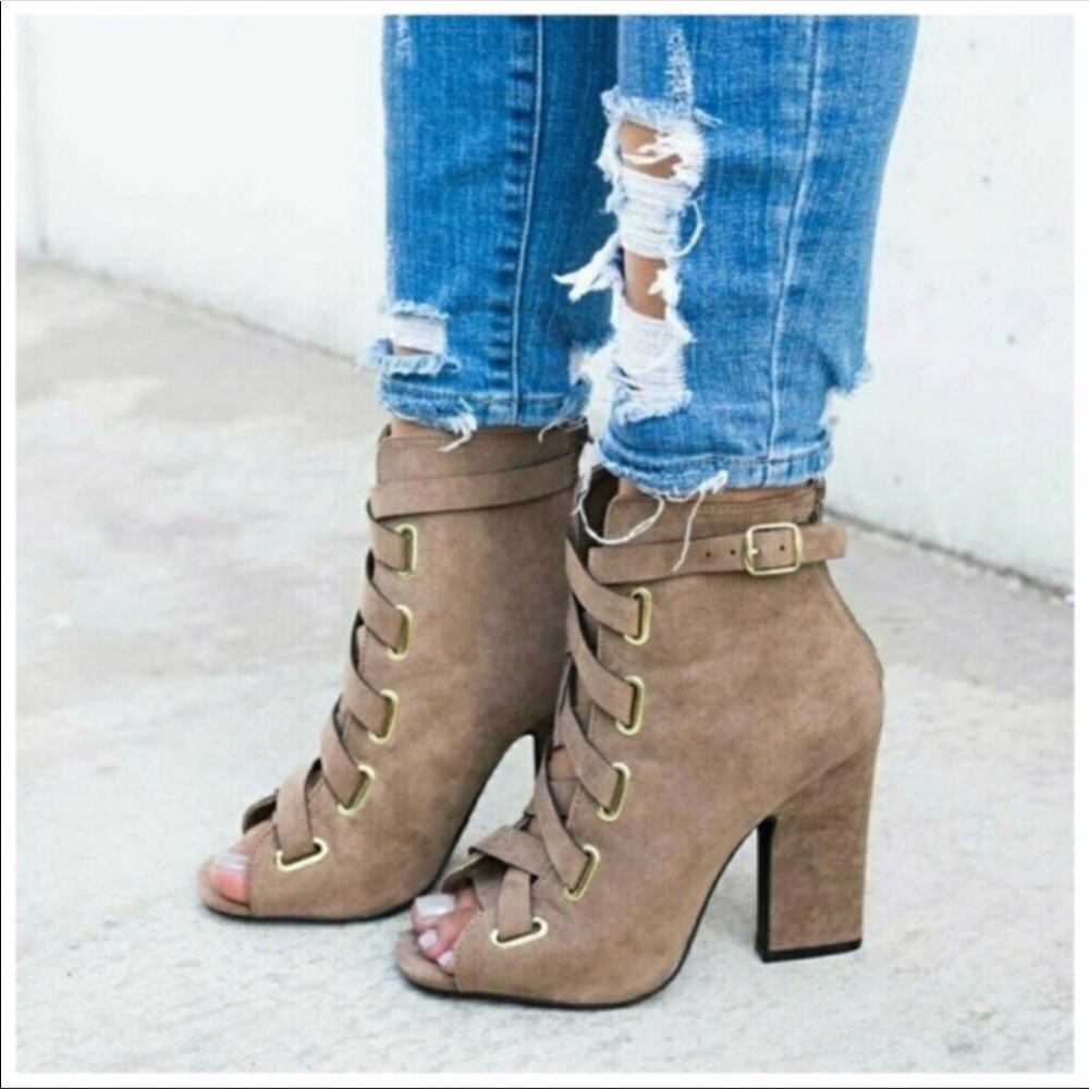 Brand New Tan Suede Heeled Booties - Picture 2 of 3